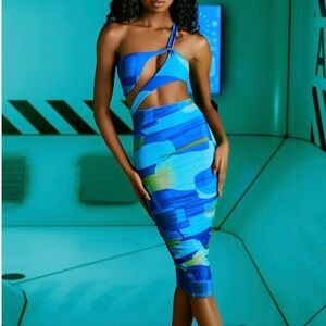 Oh Polly Blue Multi One-Shoulder Cutout Bodycon Dress